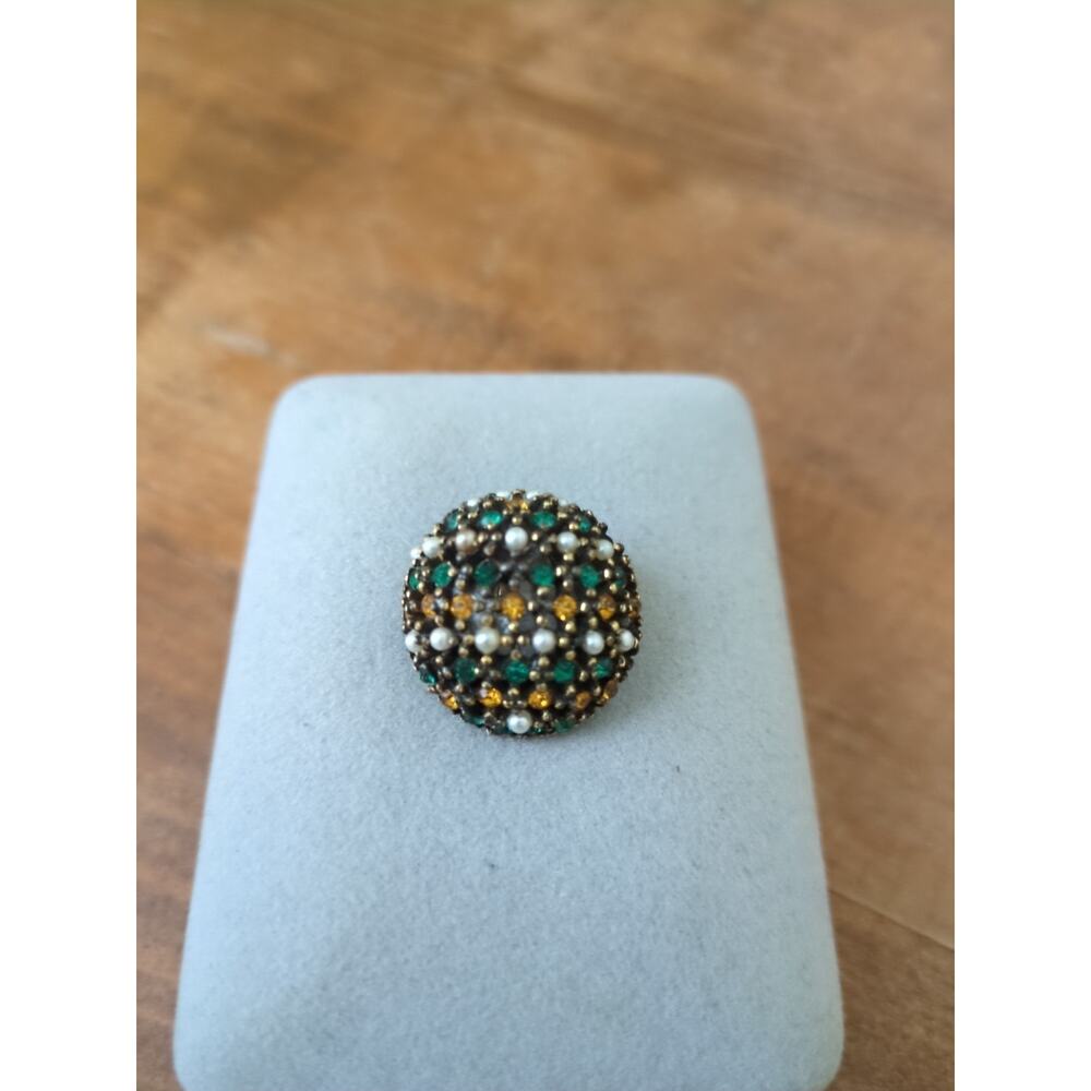 Vintage Round White, Green And Amber Rhinestone Pin